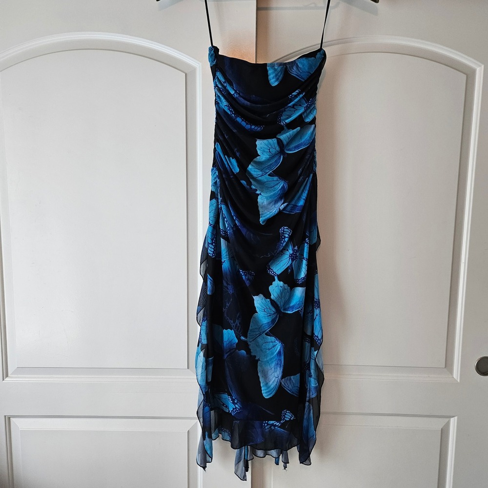 Blue Butterfly Print Ruched Strapless Midi Dress Medium US 6 Fairy Y2K SHEIN